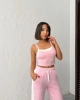 Kadın Pembe Crop Atletli Yüksek Bel Beli Lastikli Geniş Paça Pantolon Alt Üst Yazlık Eşofman Takım