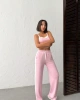 Kadın Pembe Crop Atletli Yüksek Bel Beli Lastikli Geniş Paça Pantolon Alt Üst Yazlık Eşofman Takım