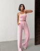 Kadın Pembe Crop Atletli Yüksek Bel Beli Lastikli Geniş Paça Pantolon Alt Üst Yazlık Eşofman Takım