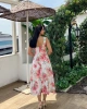 Kadın Pembe Çiçekli Kolsuz Belden Oturtmalı A Kesim Astarlı Yazlık Midi Elbise