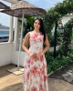 Kadın Pembe Çiçekli Kolsuz Belden Oturtmalı A Kesim Astarlı Yazlık Midi Elbise