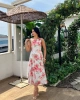 Kadın Pembe Çiçekli Kolsuz Belden Oturtmalı A Kesim Astarlı Yazlık Midi Elbise