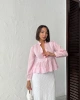 Kadın Şeker Pembe Dantel Nakış İşlemeli Beli Pileli Hakim Yaka Gömlek