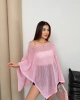 Kadın Şeker Pembe Kayık Madonna Yaka Panço Görünümlü Şık Oversize Yazlık Mevsimlik File Bluz
