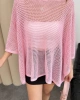 Kadın Şeker Pembe Kayık Madonna Yaka Panço Görünümlü Şık Oversize Yazlık Mevsimlik File Bluz