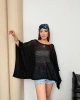 Kadın Siyah Kayık Madonna Yaka Panço Görünümlü Şık Oversize Yazlık Mevsimlik File Bluz