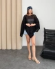 Kadın Siyah Kayık Madonna Yaka Panço Görünümlü Şık Oversize Yazlık Mevsimlik File Bluz