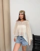 Kadın Bej Kayık Madonna Yaka Panço Görünümlü Şık Oversize Yazlık Mevsimlik File Bluz