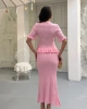 Kadın Pembe Volan Detaylı V Yaka Bluz Midi Etek Alt Üst İkili Yazlık Kumaş Triko Takım (S Beden)
