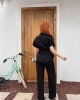Kadın Siyah Kemerli Cepli Gömlek Geniş Paça Yüksek Bel Pantolon Takım