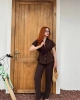 Kadın Kahverengi Kemerli Cepli Gömlek Geniş Paça Yüksek Bel Pantolon Takım