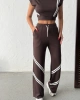 Kadın Kahverengi Şerit Detaylı Crop Bluz Yüksek Bel Bol Paça Pantolon Alt Üst İkili Takım