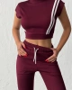 Kadın Kahverengi Şerit Detaylı Crop Bluz Yüksek Bel Bol Paça Pantolon Alt Üst İkili Takım