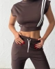 Kadın Kahverengi Şerit Detaylı Crop Bluz Yüksek Bel Bol Paça Pantolon Alt Üst İkili Takım