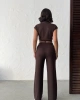 Kadın Kahverengi Şerit Detaylı Crop Bluz Yüksek Bel Bol Paça Pantolon Alt Üst İkili Takım