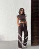 Kadın Kahverengi Şerit Detaylı Crop Bluz Yüksek Bel Bol Paça Pantolon Alt Üst İkili Takım
