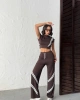 Kadın Kahverengi Şerit Detaylı Crop Bluz Yüksek Bel Bol Paça Pantolon Alt Üst İkili Takım