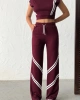 Kadın Kahverengi Şerit Detaylı Crop Bluz Yüksek Bel Bol Paça Pantolon Alt Üst İkili Takım