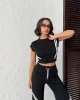 Kadın Siyah Şerit Detaylı Crop Bluz Yüksek Bel Bol Paça Pantolon Alt Üst İkili Takım