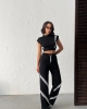 Kadın Siyah Şerit Detaylı Crop Bluz Yüksek Bel Bol Paça Pantolon Alt Üst İkili Takım