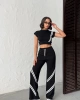 Kadın Siyah Şerit Detaylı Crop Bluz Yüksek Bel Bol Paça Pantolon Alt Üst İkili Takım