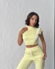 Kadın Yaz Sarısı Şerit Detaylı Crop Bluz Yüksek Bel Bol Paça Pantolon Alt Üst İkili Takım