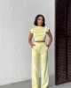 Kadın Yaz Sarısı Şerit Detaylı Crop Bluz Yüksek Bel Bol Paça Pantolon Alt Üst İkili Takım