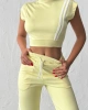 Kadın Yaz Sarısı Şerit Detaylı Crop Bluz Yüksek Bel Bol Paça Pantolon Alt Üst İkili Takım