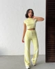 Kadın Yaz Sarısı Şerit Detaylı Crop Bluz Yüksek Bel Bol Paça Pantolon Alt Üst İkili Takım