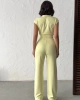 Kadın Yaz Sarısı Şerit Detaylı Crop Bluz Yüksek Bel Bol Paça Pantolon Alt Üst İkili Takım