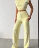 Kadın Yaz Sarısı Şerit Detaylı Crop Bluz Yüksek Bel Bol Paça Pantolon Alt Üst İkili Takım