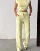 Kadın Yaz Sarısı Şerit Detaylı Crop Bluz Yüksek Bel Bol Paça Pantolon Alt Üst İkili Takım