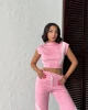 Kadın Pembe Şerit Detaylı Crop Bluz Yüksek Bel Bol Paça Pantolon Alt Üst İkili Takım
