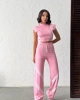 Kadın Pembe Şerit Detaylı Crop Bluz Yüksek Bel Bol Paça Pantolon Alt Üst İkili Takım