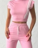 Kadın Pembe Şerit Detaylı Crop Bluz Yüksek Bel Bol Paça Pantolon Alt Üst İkili Takım