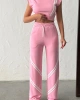 Kadın Pembe Şerit Detaylı Crop Bluz Yüksek Bel Bol Paça Pantolon Alt Üst İkili Takım
