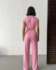 Kadın Pembe Şerit Detaylı Crop Bluz Yüksek Bel Bol Paça Pantolon Alt Üst İkili Takım