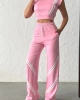 Kadın Pembe Şerit Detaylı Crop Bluz Yüksek Bel Bol Paça Pantolon Alt Üst İkili Takım
