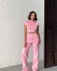 Kadın Pembe Şerit Detaylı Crop Bluz Yüksek Bel Bol Paça Pantolon Alt Üst İkili Takım
