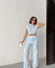 Kadın Yaz Mavisi Şerit Detaylı Crop Bluz Yüksek Bel Bol Paça Pantolon Alt Üst İkili Takım
