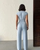 Kadın Yaz Mavisi Şerit Detaylı Crop Bluz Yüksek Bel Bol Paça Pantolon Alt Üst İkili Takım