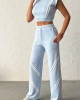 Kadın Yaz Mavisi Şerit Detaylı Crop Bluz Yüksek Bel Bol Paça Pantolon Alt Üst İkili Takım