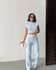 Kadın Yaz Mavisi Şerit Detaylı Crop Bluz Yüksek Bel Bol Paça Pantolon Alt Üst İkili Takım
