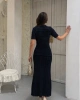 Kadın Lacivert Simli Astarlı Kısa Kol Yazlık Kumaş Uzun Zarif Triko Elbise (S/M)