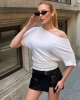 Kadın Beyaz Kayık Madonna Yaka Likralı Lüx Kalite Şık Esnek Bluz