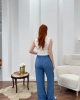 Kadın Mavi Yüksek Bel Beli Lastikli Geniş Paça Rahat Kesim Yazlık Sofya Keten Palazzo Pantolon