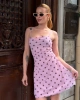 Kadın Pembe Puantiyeli Beli Büzgülü İnce Askılı Astarlı Mini Tül Elbise