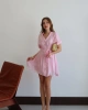 Kadın Şeker Pembe V Yaka Kuşak Detaylı Şık düğmeli Premium Kalite Astarlı Yazlık Mini Gömlek Elbise