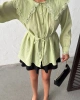 Kadın Çağla Yeşili Vintage Bebe Yaka Dantelli Kuşaklı Yazlık Uzun Kol Gömlek Tunik