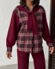Kadın Bordo Omuzdan Bağlamalı Ekose Gömlek ve Pantolon 2li Takım